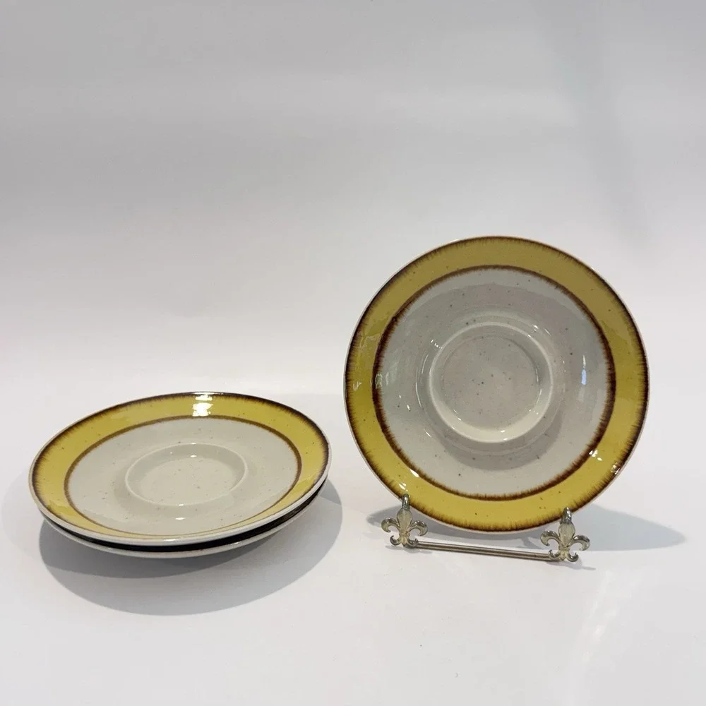 Vintage‎ Rainbow Stoneware Citron Yellow Rim Speckled Pattern 3pc Saucer Plates